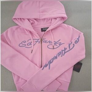 NWT bubblegum pink Ed Hardy Front Zip cropped Hoodie size M